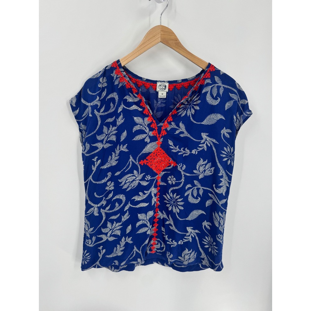 Irving & Fine Blouse Womens M Blue Red Embroidered Botanical Cap Sleeve Top